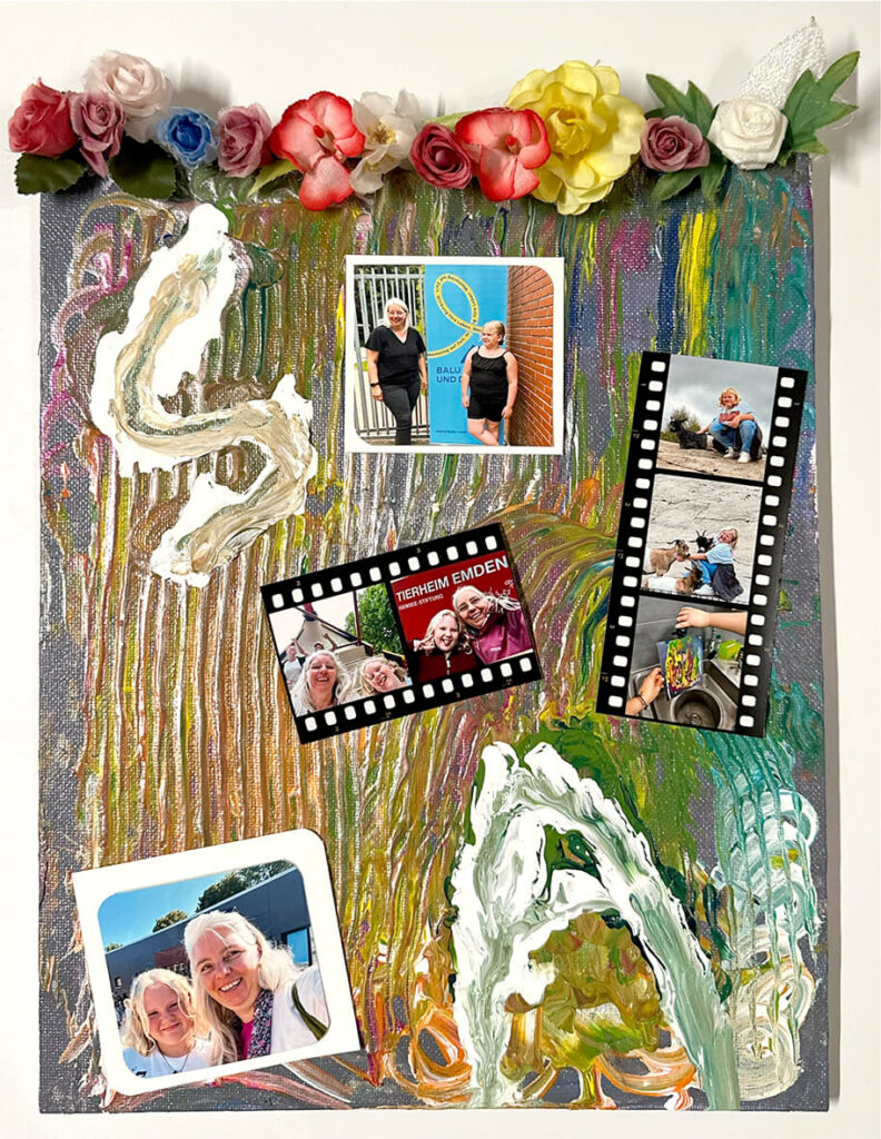 Collage aus Zeichnungen und Fotos, die ein junges Mädchen und eine junge Frau zeigen.