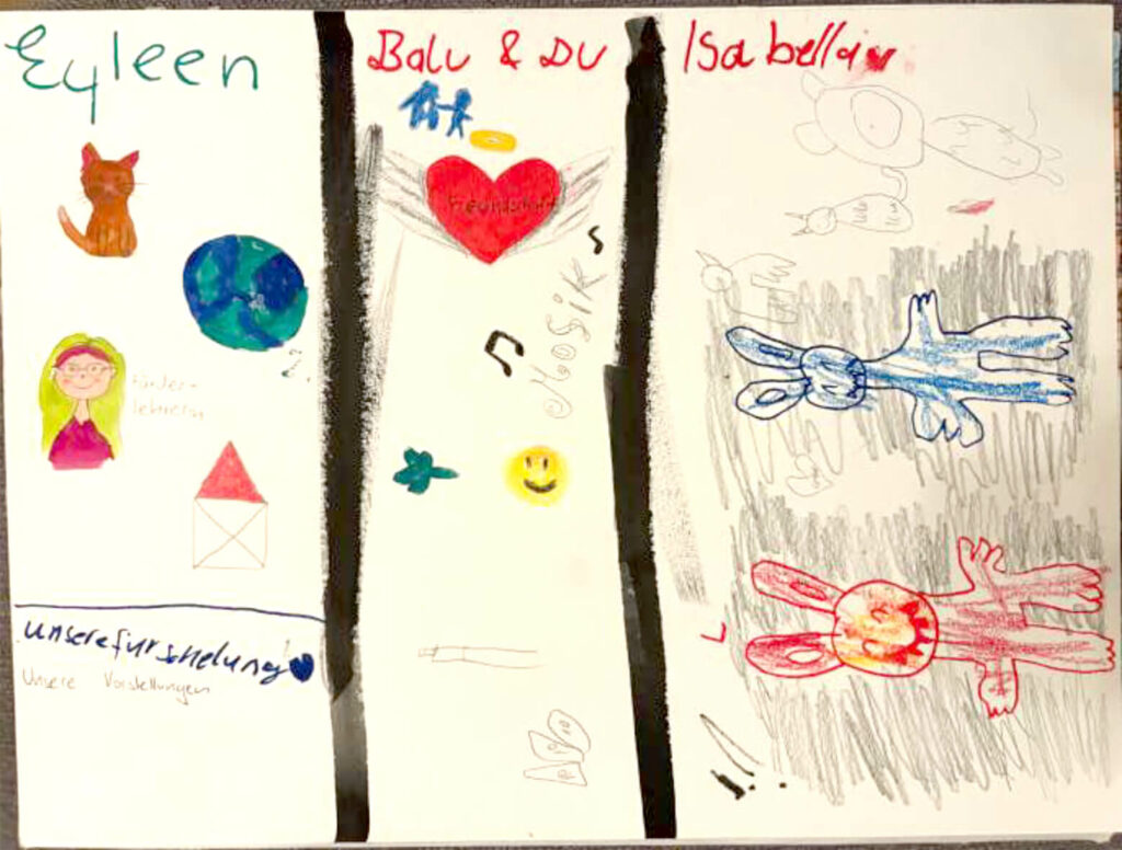 Zeichnung, die in 3 Teile aufgeteilt ist: links steht der Name Eyleen, rechts der Name Isabella und in der Mitte Balu & Du.