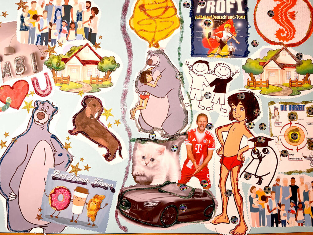 Bunte Collage aus Bildern und Zeichnungen, u.a. mit Balu, dem Bären, und dem Jungen Mogli, den Figuren aus dem Disney-Film.