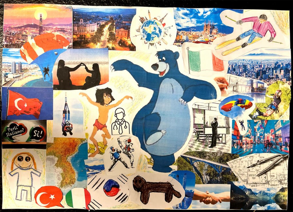 Bunte Collage aus verschiedenen Bildern und Zeichnungen, in der Mitte ein tanzender Balu-Bär und der Junge Mogli, die Figuren aus dem Disney-Film.